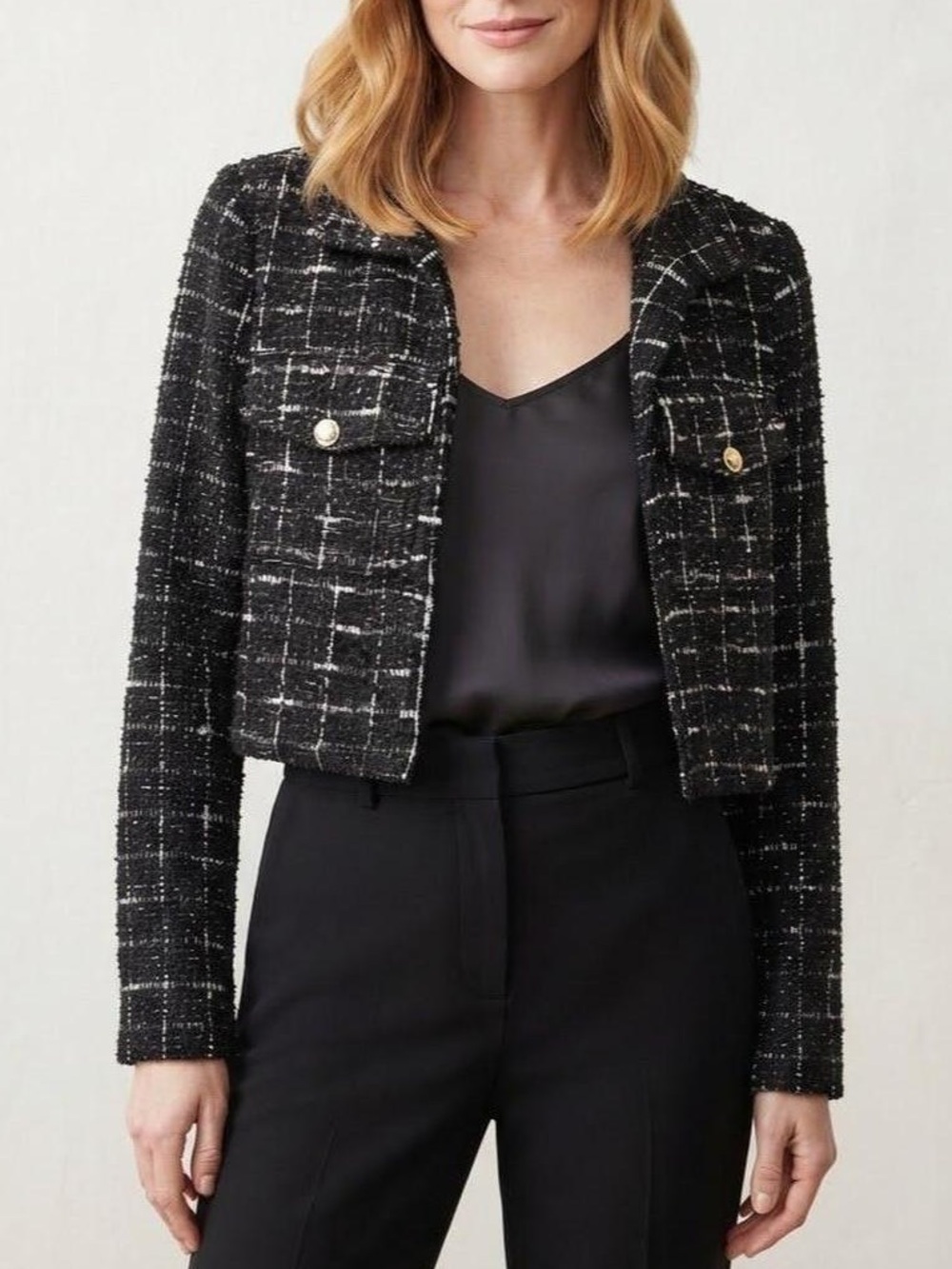 NWOT Sincerely JulesBlack Tweed Cropped Blazer with Gold Buttons - Size XS